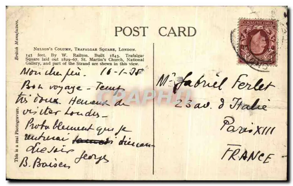 Nelson's Column, Trafalgar Square, London — British Manufacture, n° de série non visible - Verso