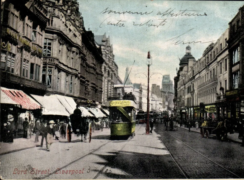 Ulica Lord Street w Liverpool — widok ulicy z tramwajem — karty z serii Valentine's - Awers