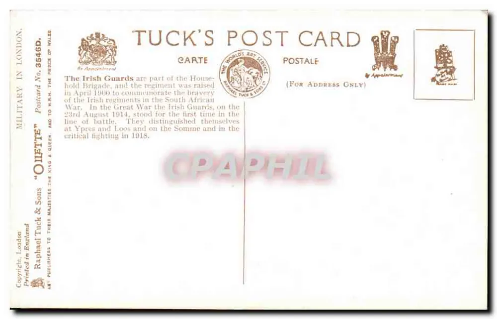 Die Irischen Garde mit ihrem Regimentshund, Bunion Bons — im Park marschieren — Tuck & Sons, Nr. 3549 - Rückseite