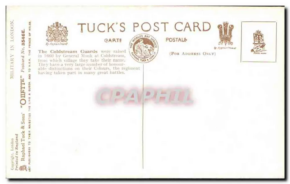 Mudança da guarda em frente ao Palácio de Buckingham — Henry Payne — Tuck's Post Card No. 3546E - Verso