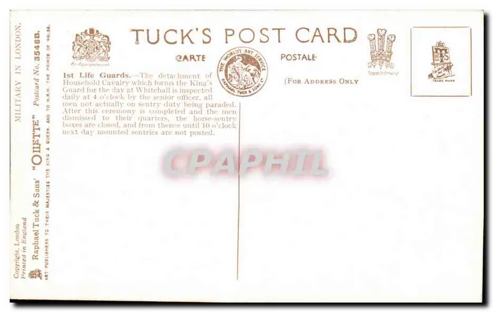 Die Parade des Detachements der 1. Life Guards am Horse Guards — Harry Payne — Tuck's Post Card No. 3548B - Rückseite