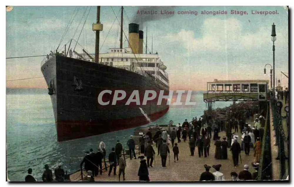 Navio transatlântico chegando ao cais, Liverpool — carta postal datada 2 de julho de 1910 - Frente
