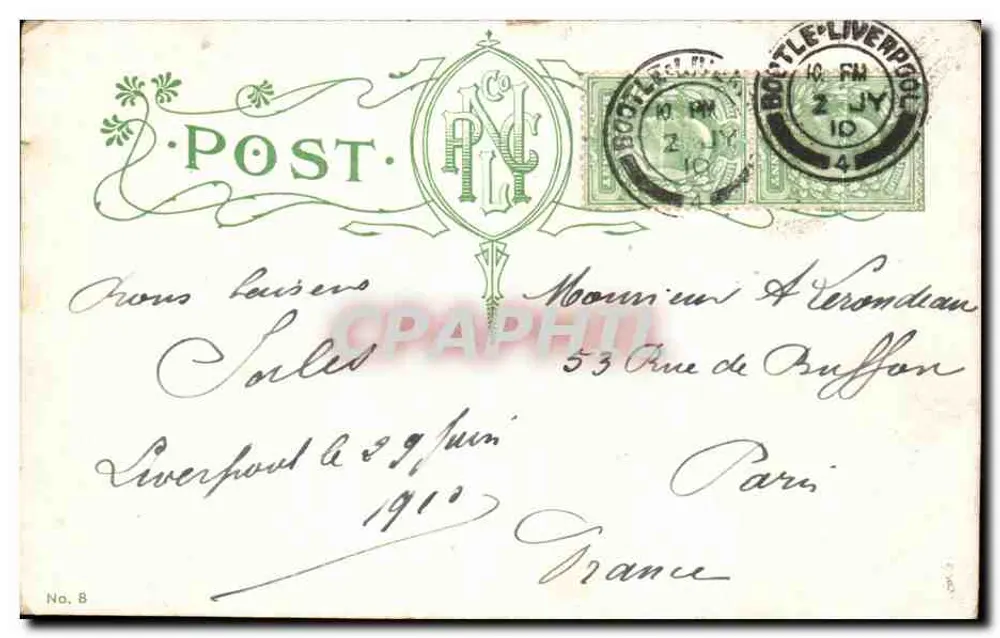 Navio transatlântico chegando ao cais, Liverpool — carta postal datada 2 de julho de 1910 - Verso