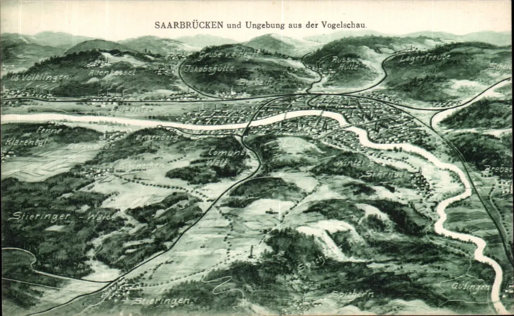 Saarbrücken und Umgebung aus der Vogelschau — Verlag Emil Hartmann Mannheim - Vorderseite
