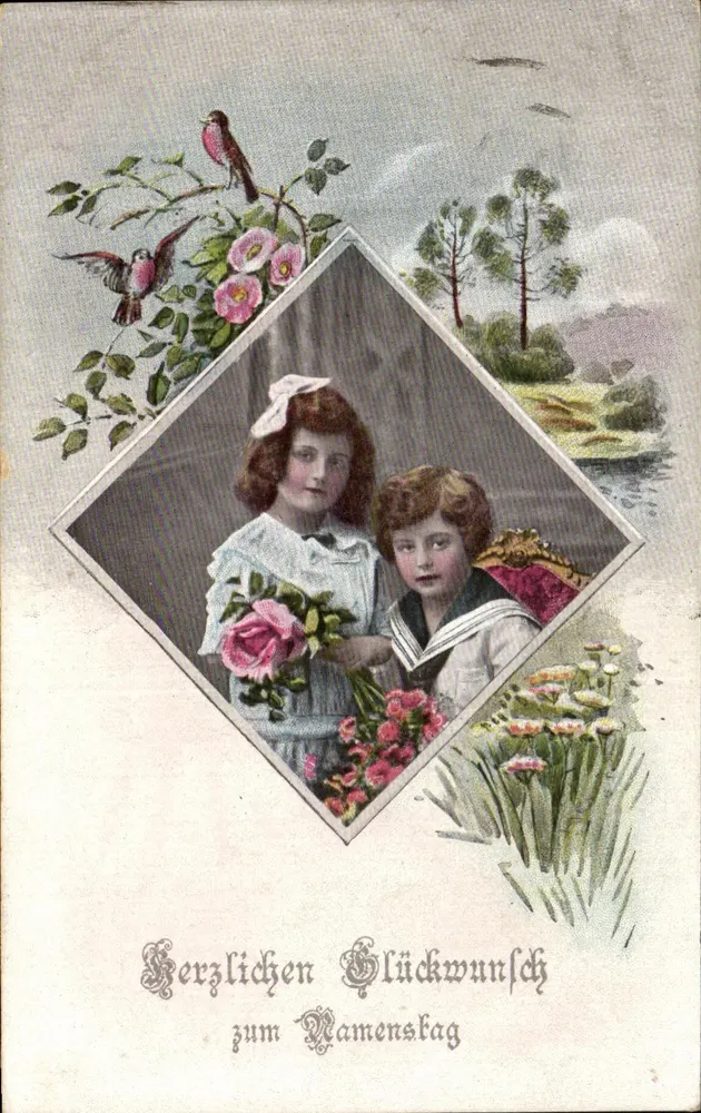Zwei Kinder — Familiennamen und Blumendekorationen — Lepochrom - Vorderseite
