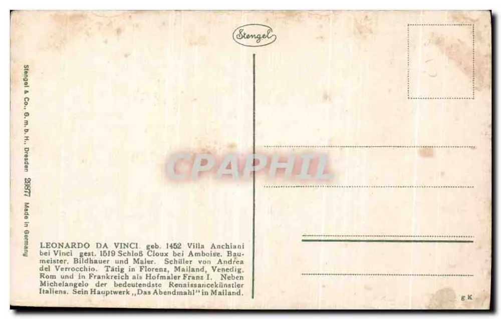A Bella Ferronnière — retrato atribuído a Leonardo da Vinci — editor Stengel & Co. n° 28577 - Verso
