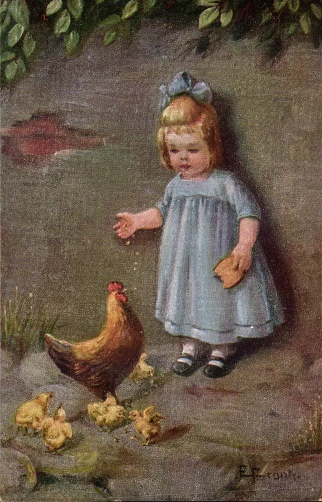 Menina pequena alimentando pintinhos — uma galinha — editor C. Blombach, série Kleines Volk, n° 6133 - Frente