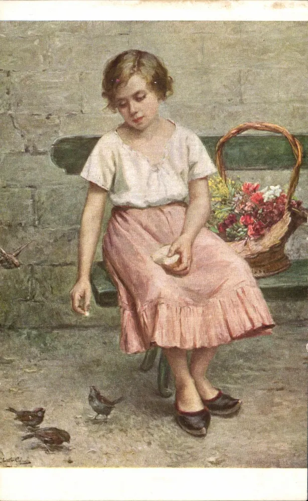 Menina alimentando pássaros — com cesta de flores — editor Salon de Paris, n°1335 - Frente