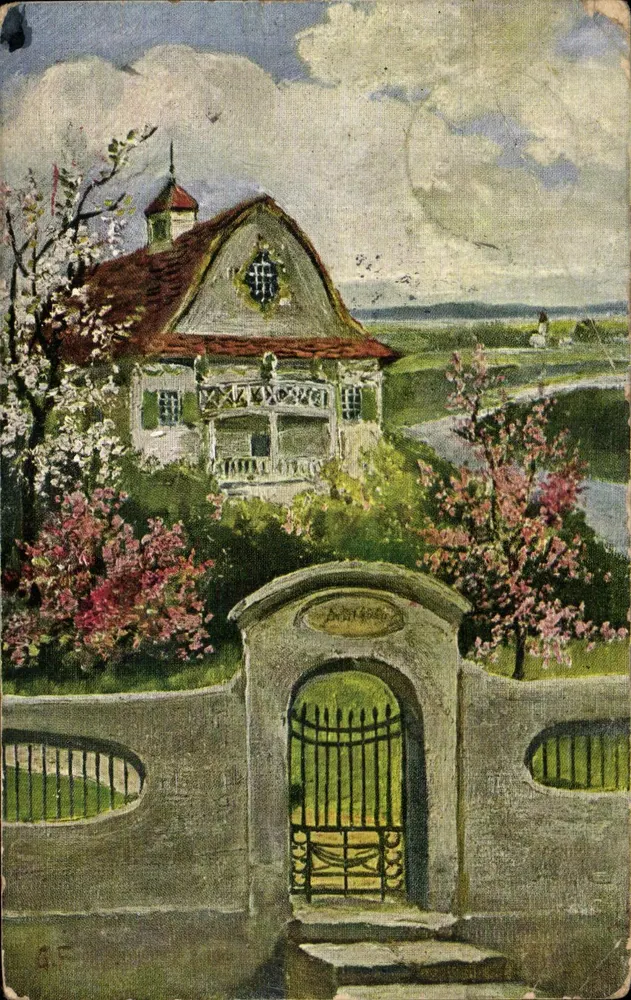 Château de Bollwiller — vue de l'entrée avec portail et fleurs — éditeur RIVA, série 8046 - Awers