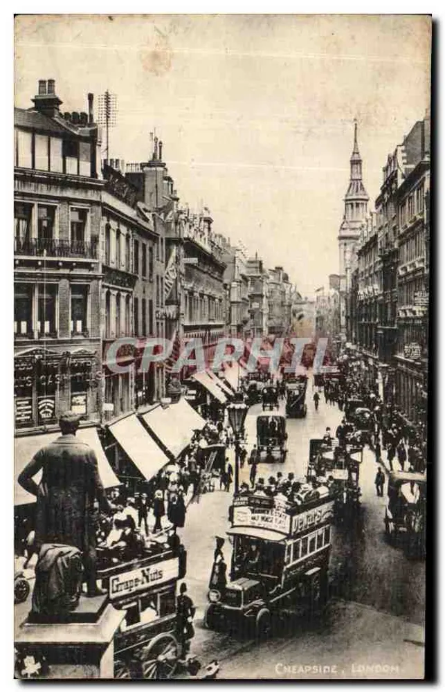 Cheapside, Londres — vista animada com ônibus de dois andares e estátua de Grapes-Nuts — Tuck's Post Card - Frente