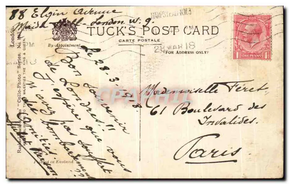 Cheapside, Londres — vista animada com ônibus de dois andares e estátua de Grapes-Nuts — Tuck's Post Card - Verso
