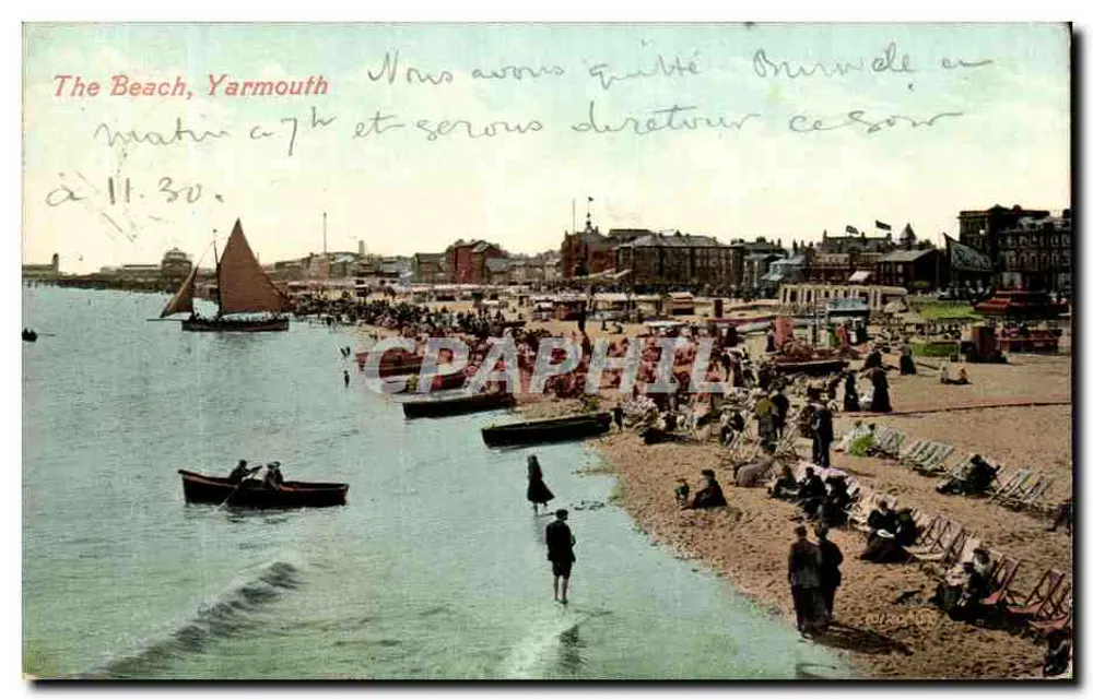 A Praia, Yarmouth — vista de praia movimentada com barcos — Série de Valentine's, Grã-Bretanha - Frente
