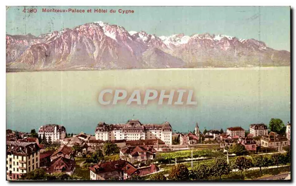 Montreux-Palace und Hotel du Cygne — Ansicht des Sees und der Berge — Edition Photoglob Co., Zürich - Vorderseite