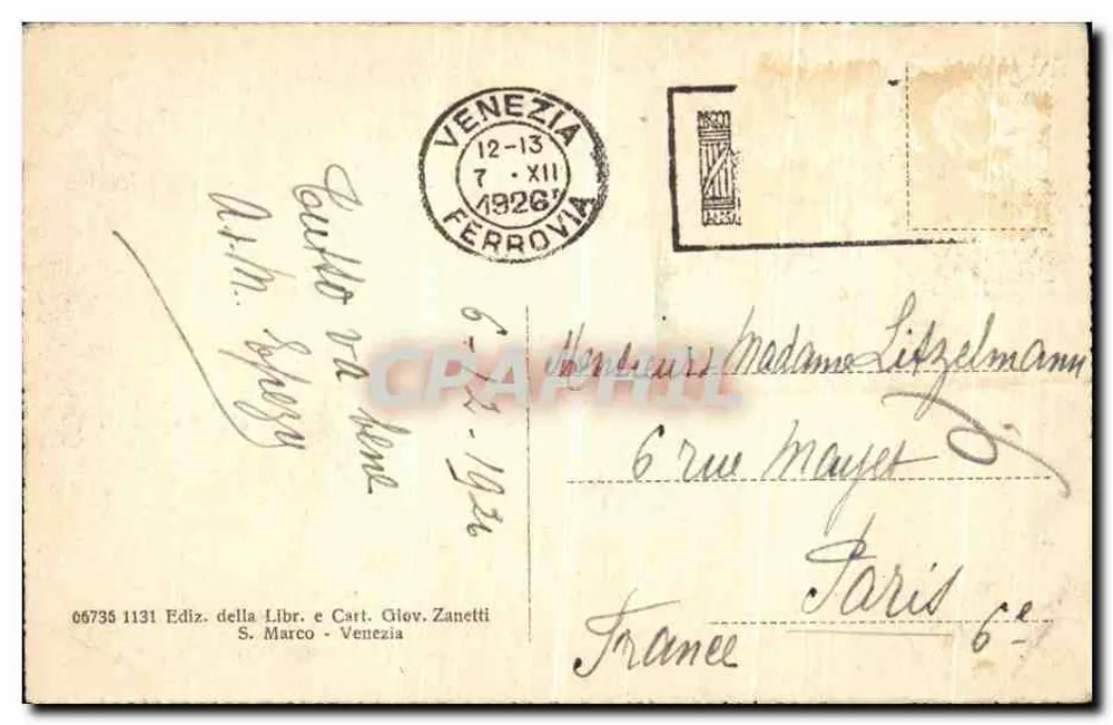 Venedig - Palast Lobia und Kirche S. Geremia — Verlag: Libr. e Cart. Giov. Zanetti, n° 06735 - Rückseite