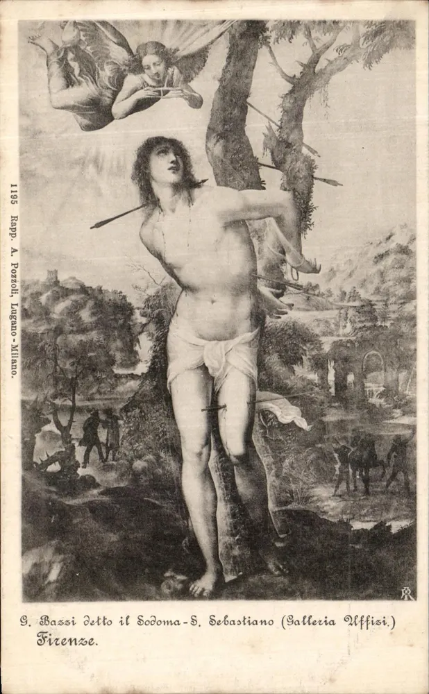 Saint Sébastien — Gemälde von S. Bassi genannt il Sodoma — Galleria Uffizi, Florenz — Verlag A. Pozzoli, Milano, n° 1195 - Vorderseite