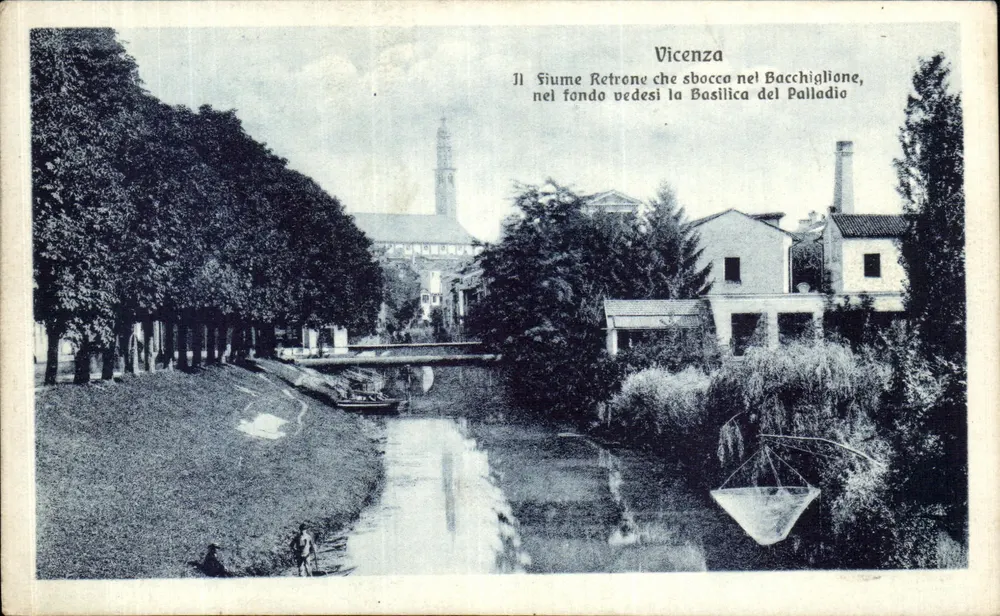 Vicenza — Der Fluss Retrone, der in den Bacchiglione mündet, mit der Basilika Palladiana im Hintergrund — unbekannter Verlag - Vorderseite