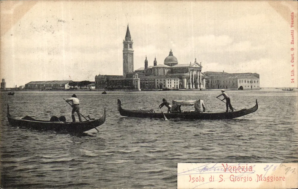 Ilha de S. Giorgio Maggiore — Vista de Veneza com gôndolas — G. Zanetti, Veneza - Frente