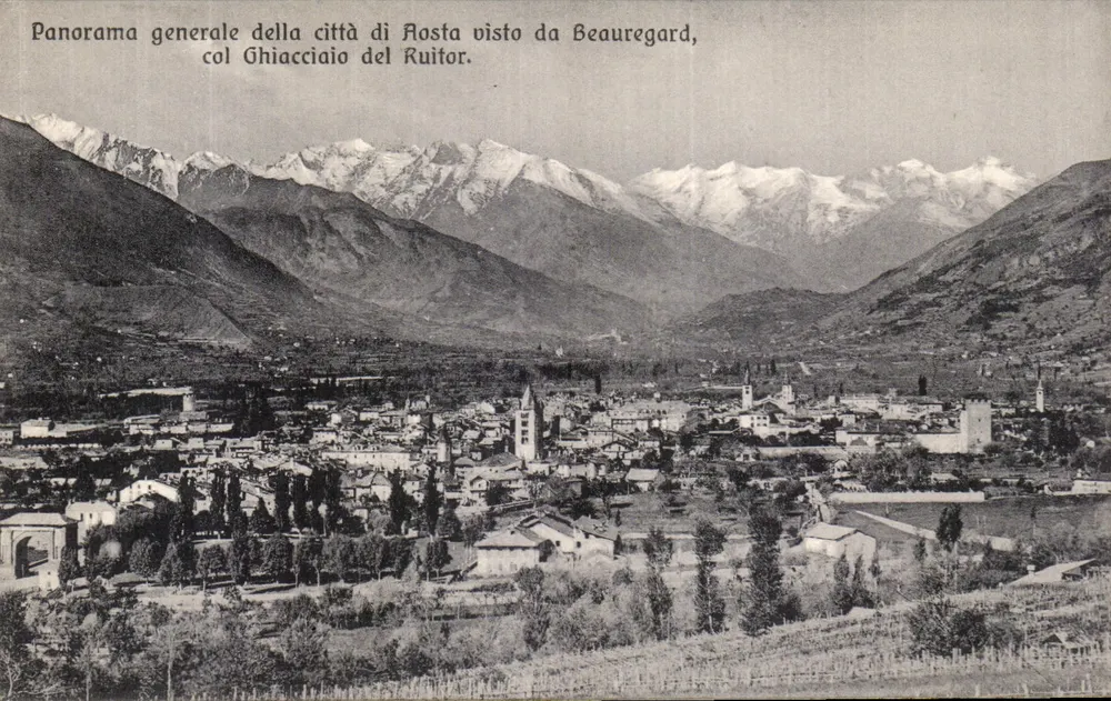 Panoramablick auf die Stadt Aosta — Blick von Beauregard — Verlag Edit. Libr. Brivio - Vorderseite