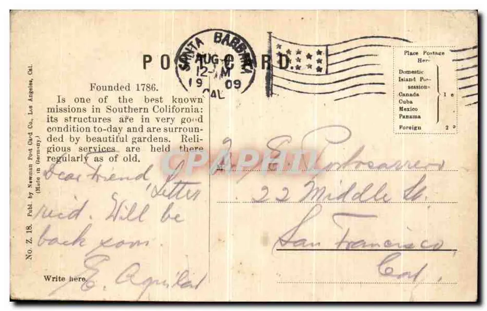 Intérieur — Mission Santa Barbara, Cal. — Publ. by Newman Post Card Co. (Made in Germany) No. Z. 18 - Rewers