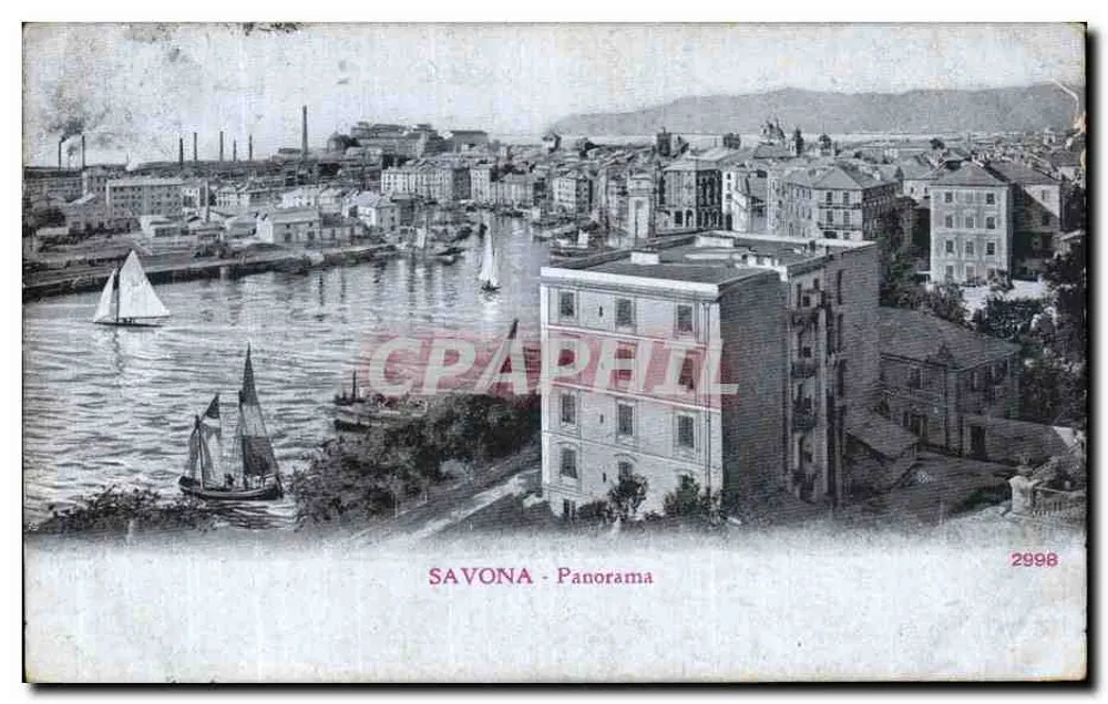 Savona - Panorama — vue du port avec voiliers et édifice à droite — éditeur Savona, n° 2998 - Awers