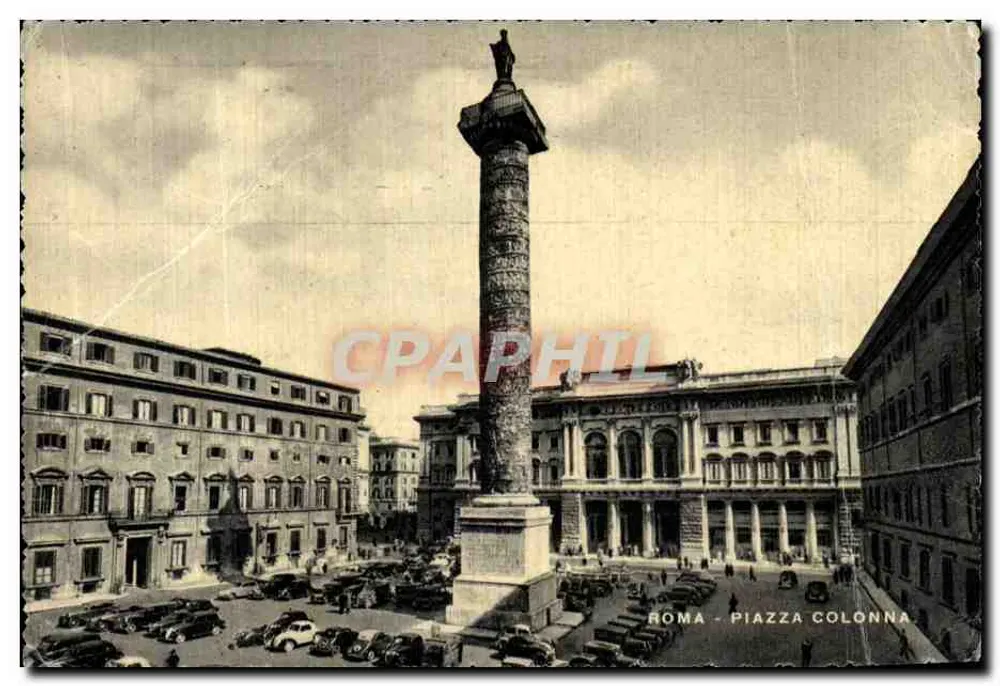 Roma - Piazza Colonna — colonne monumentale avec voitures d'époque — éditeur ROMA - PIAZZA COLONNA - Vorderseite
