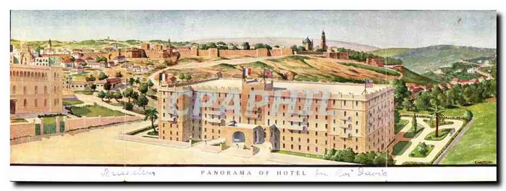 Panorama de l'hôtel à Jérusalem — Éditeur : Palestinian Mills, n° de série 100 - Recto