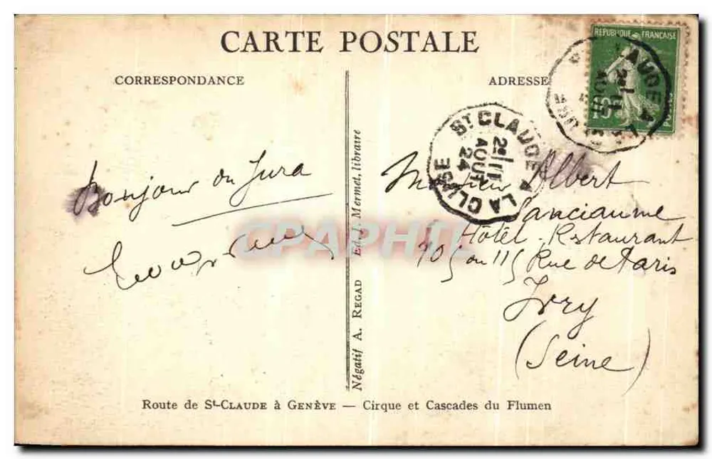 Cirque und Cascades von Flumen — Route von St-Claude nach Genf — Negativ A. Regad - Rückseite