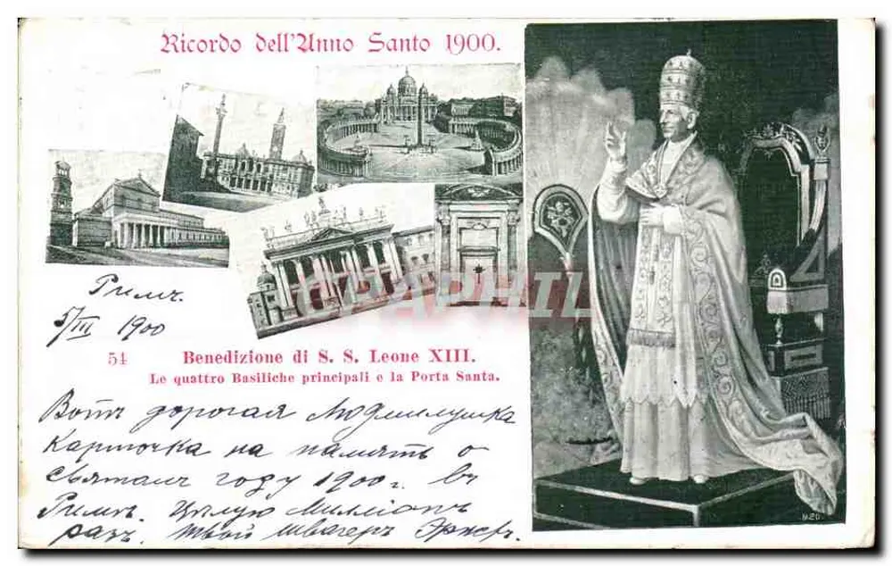 Ricordo dell'Anno Santo 1900 — Benedizione di S. S. Leone XIII. Le quattro Basiliche principali e la Porta Santa. Éditeur: Cartolina Postale Italiana - Vorderseite