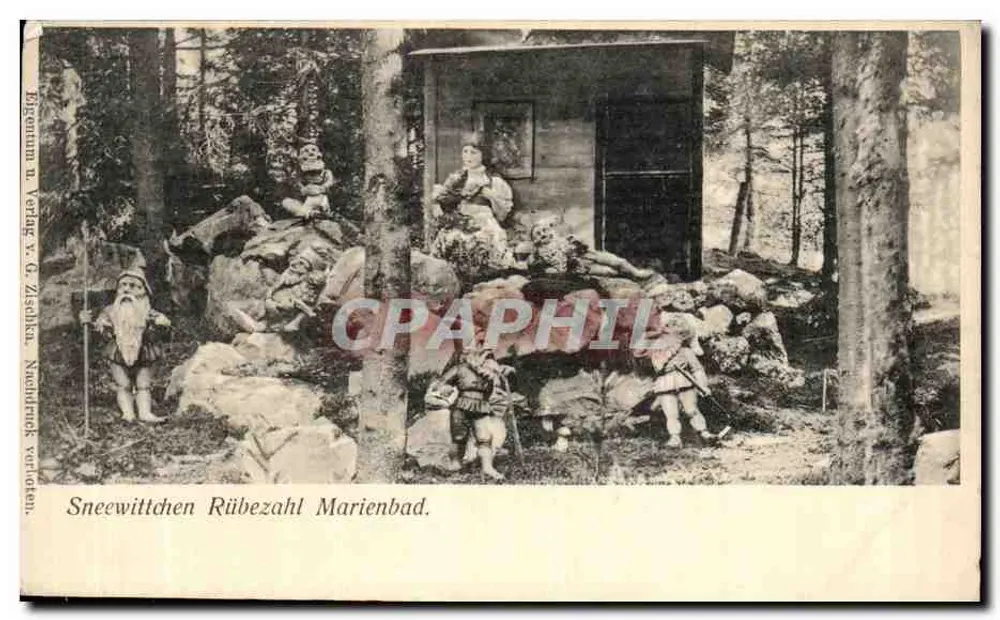 Schneewittchen Rübezahl Marienbad — Märchenfiguren in einem Waldszenario — Verlag G. Zischka, Bregenz - Vorderseite
