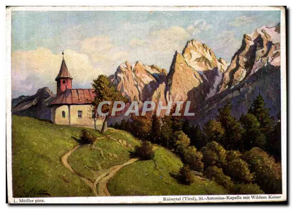 Kaisertal (Tirol) — St.-Antonius-Kapelle mit Wildem Kaiser — L. Mößler pinx. - Vorderseite