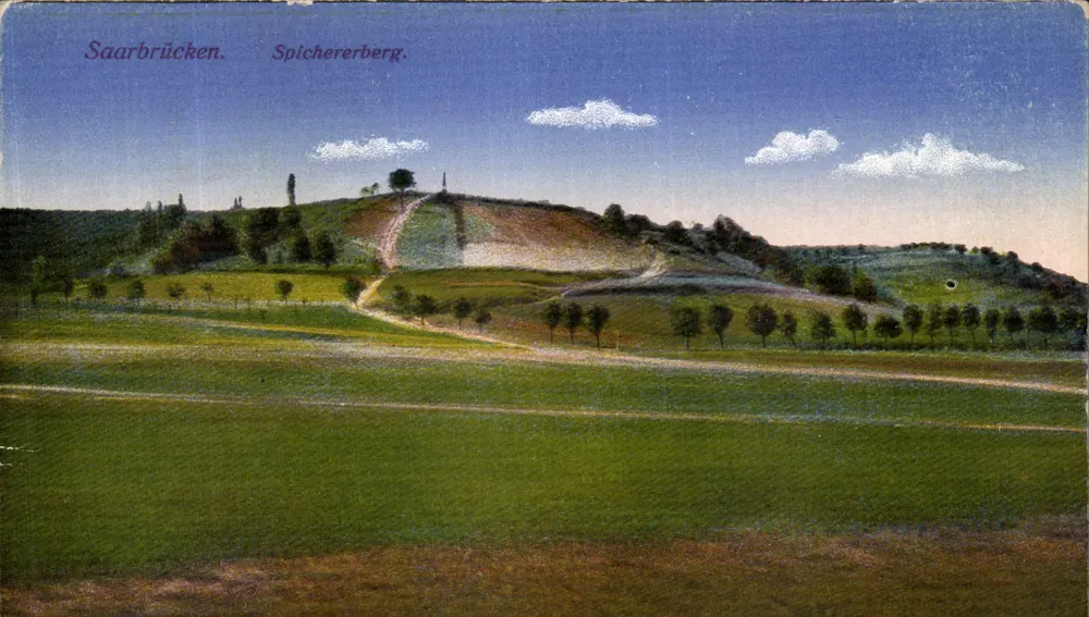 Saarbrücken. Spichererberg. — Vista panorâmica de um paisagem acidentada com um caminho e árvores — editor não identificado, n° de série 28404 - Frente