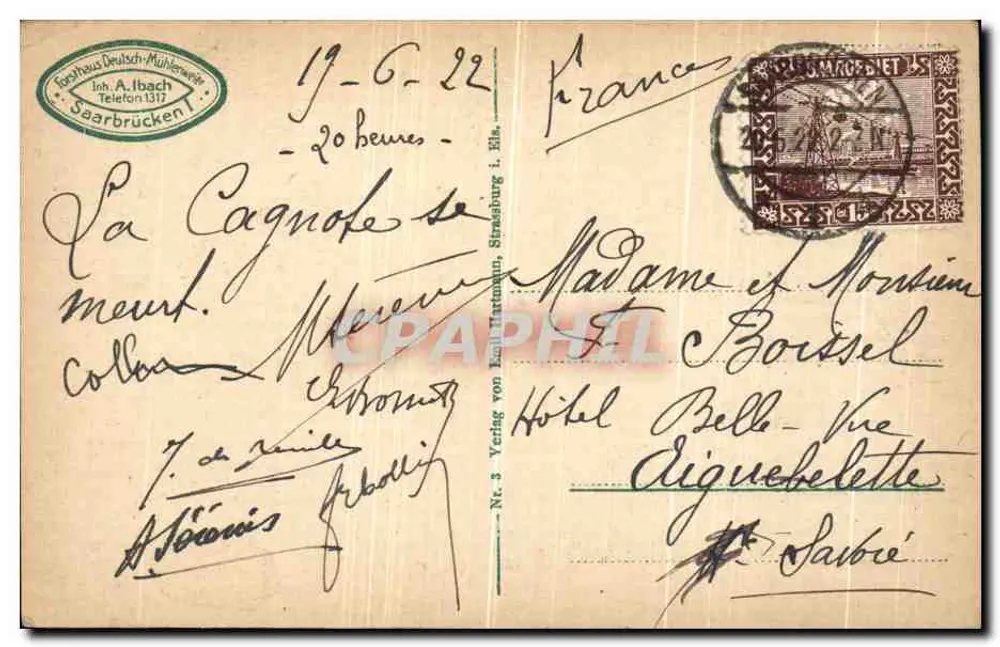 Saarbrücken, Partie am Deutschmühlenweiher — Forsthaus Deutsch-Mühlenweiher, Verlag A. Ibach, Nr. 3 - Rückseite