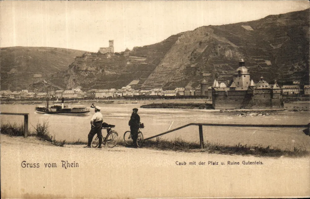 Caub mit der Pfalz und der Ruine Gutenfels — Gruss vom Rhein — Ed. Hölzermann, Köln & Rh. - Vorderseite