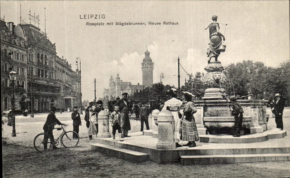 Leipzig - Rossplatz mit Mägdebrunnen-Fontäne, Neues Rathaus - Vorderseite
