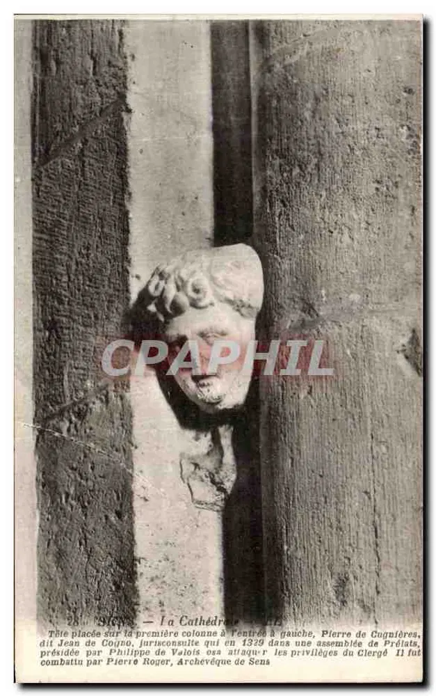Sens — La Catedral — Cabeza de Pierre de Cugnières en la primera columna a la izquierda - Anverso