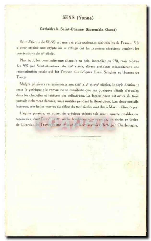 Sens (Yonne) — Catedral São Etienne (Conjunto Oeste) — Coleção Kolarsine e Solução Pautaubege, 4ª Série - Verso