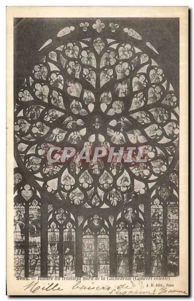 Sens — Rosefenster des nördlichen Transepts der Kathedrale (Himmelskonzert) — Verlag J. D., Sens - Vorderseite
