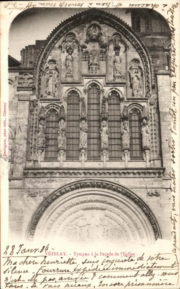 Vézelay — Tímpanos en la fachada de la iglesia — Destignies, fot. édit. Clamecy - Anverso