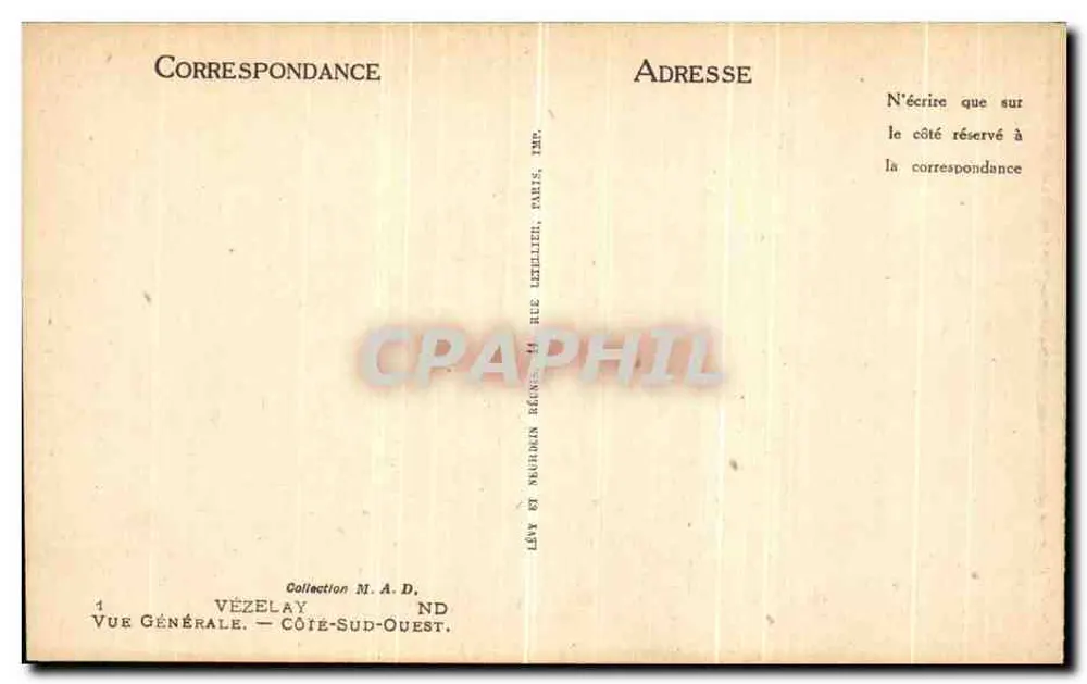 Vézelay — Vista geral — lado sul-oeste — Coleção M. A. D. — Editor Neurmann & Régnier, Paris - Verso