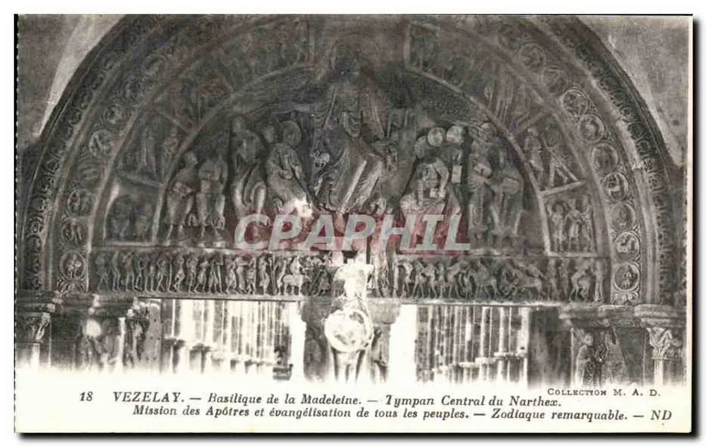 Vézelay — Basilika der Madeleine — Zentraler Tympanon des Narthex, bemerkenswerter Tierkreis - Vorderseite