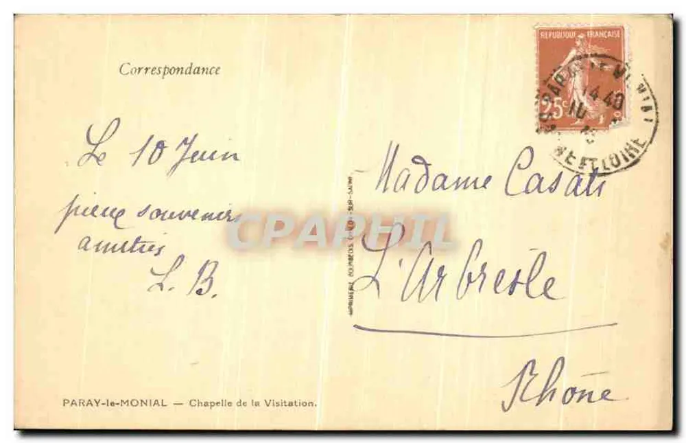 Paray-le-Monial — Capela da Visitação — editor desconhecido, n° de série 26001 - Verso