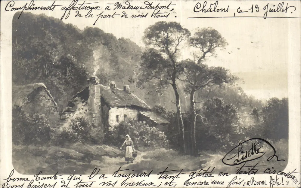 Paisagem rural com mulher com balde — Châlons, 13 de julho — Lisette - Frente