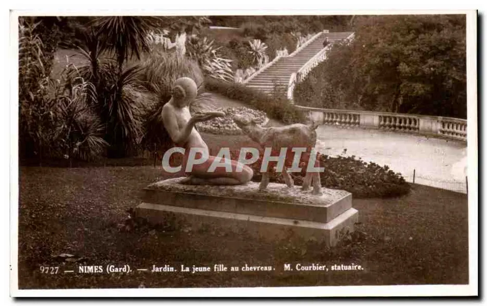 Nîmes (Gard) — Garten. Das Mädchen mit dem Ziegenbock — M. Courbier, Bildhauer. - Vorderseite