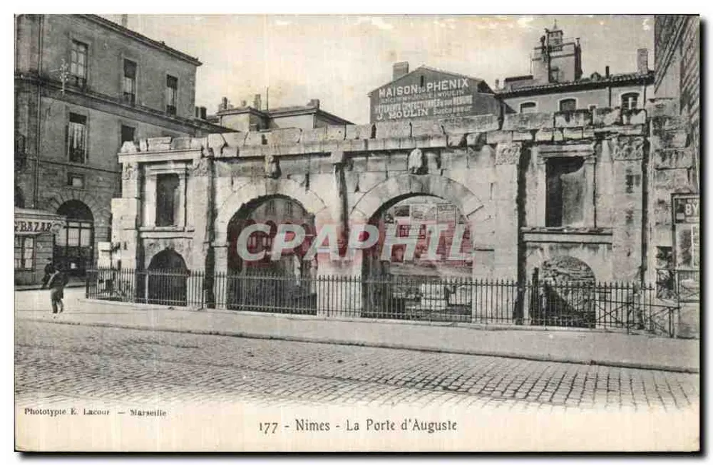 Nîmes - A Porta de Augusto — Fototipo E. Lacour — Marseille, n° 177 - Frente