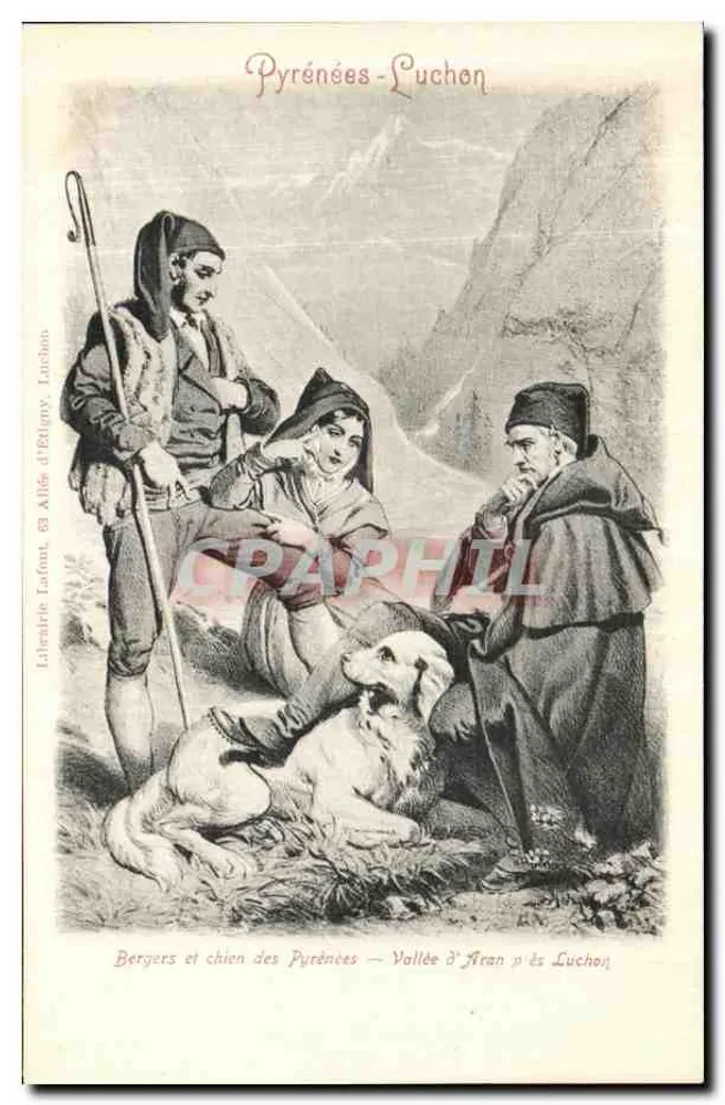 Bergler und Pyrenäen-Hund — Tal von Aran bei Luchon — Lith. Lafont, Luchon - Vorderseite