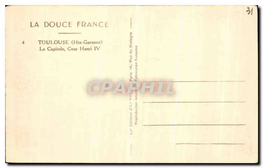Toulouse — Le Capitole, Cour Henri IV — Éditions d'Art VVOR - Rückseite