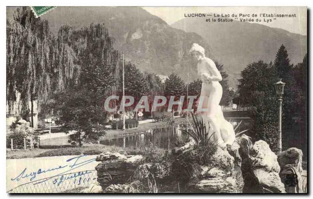 Luchon — Ansicht des Sees im Park des Establishments und der Statue 'Vallée du Lys' — Verlag: Sionnet - Vorderseite