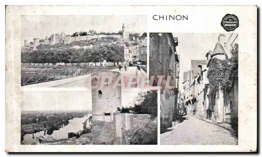 Chinon — vista panorâmica com castelo, rua e torre — Coleção Chocolat Menier - Frente