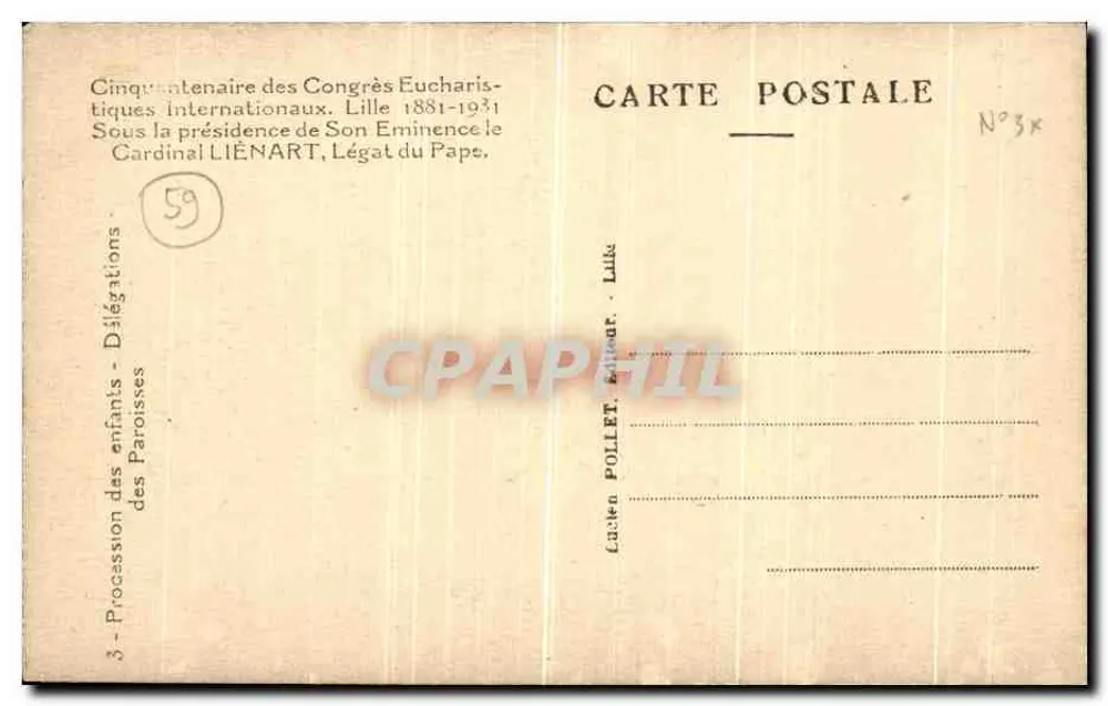Prozession der Kinder in Lille — 50. Jubiläum der Internationalen Eucharistischen Kongresse 1881-1931 — Verlag L. Pollet, Nr. 3x - Rückseite
