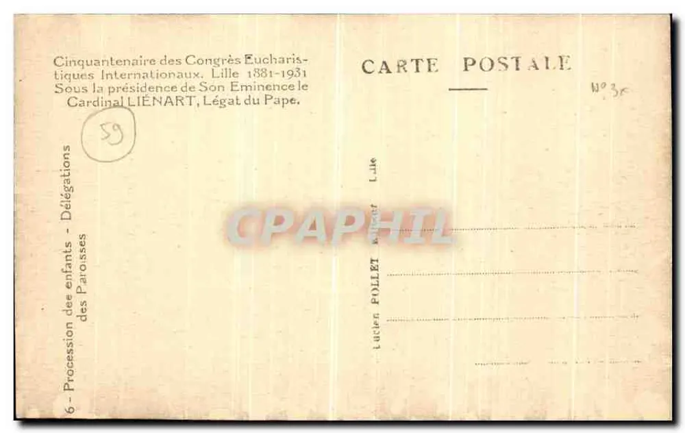 Kindermarsch in Lille — Cinquantenaire des Congrès Eucharistiques Internationaux 1881-1931 — Édition LUCHEN POLLET - Rückseite